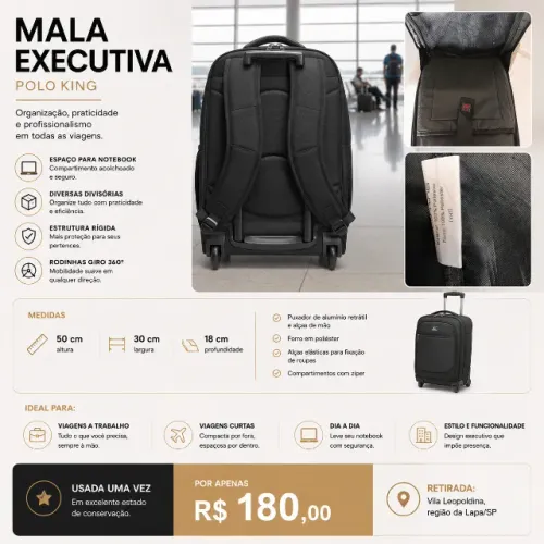 Mala de Viagem Executiva Polo King com diversas divisórias, inclusive para notebook
