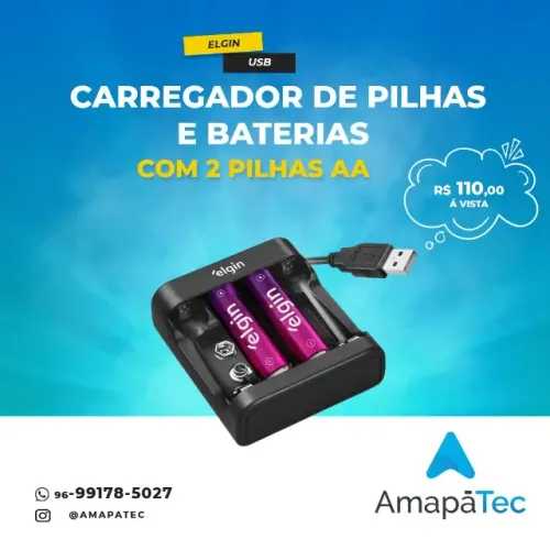 Carregador de Pilhas e Baterias USB com 2 Pilhas AA