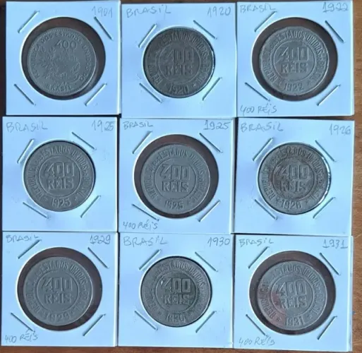 9 moedas de 400 Réis de 1901 a 1935 bem conservadas no coin holder
