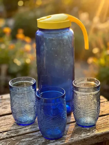 Conjunto Vintage Vidro Azul Cobalto - Jarra 1L + 3 Copos Azul - Colecionador
