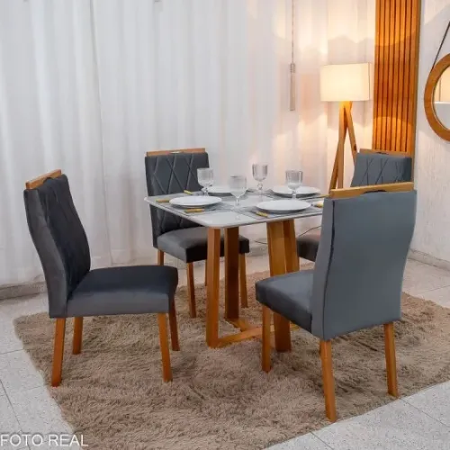 Mesa de Jantar Aline 90x90 C/4 Cadeiras em Veludo e Madeira Maciça rf45 S
