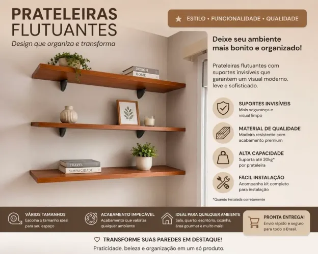 Prateleiras Flutuantes em Madeira - Excelente Estado