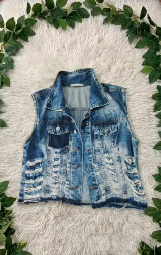 Colete jeans feminino vintage personalizado destroyed