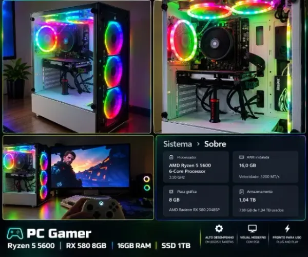 PC Gamer Ryzen 5 5600 | RX 580 8GB | 16GB RAM | SSD 1TB