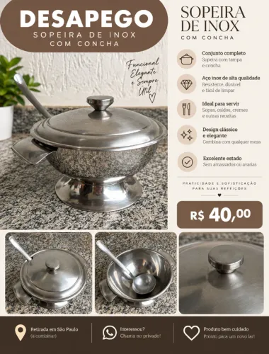 Sopeira de inox com tampa e concha