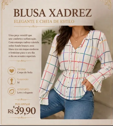 Linda blusa xadrez colorida em crepe de seda tamanho M
