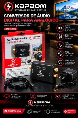 Conversor de Áudio Digital para Analógico Kapbom com fonte e Cabo óptico