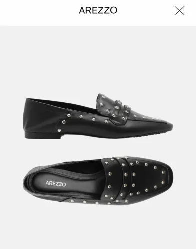 Arezzo - Mocassim Preto Couro Bico Quadrado Tachas