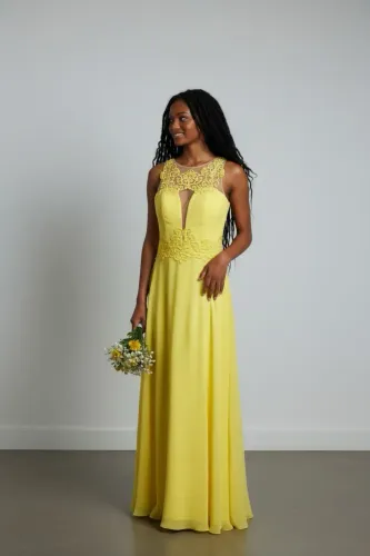 Vestido Longo Amarelo Renda e Chiffon