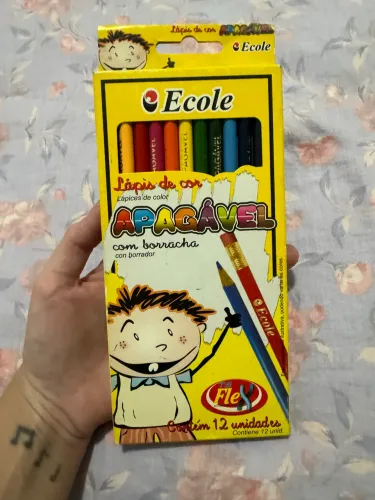 Lápis com borracha Ecole 12 cores apagáveis antigo e raro