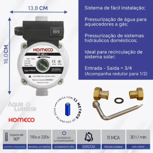 Bomba Pressurizador De Água Fria Quente Chuveiro TP40 G4 Komeco 110v