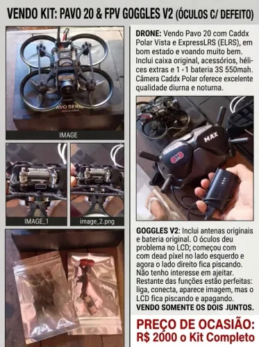Kit fpv pavo20 + DJI Goggles V2 (Com defeito)