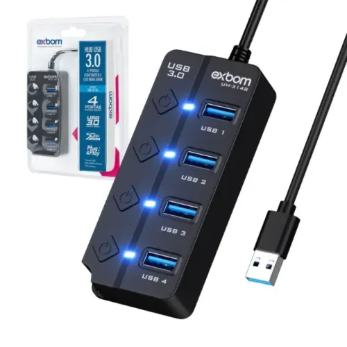 Hub USB 3.0 4 Portas Exbom UH-314S Botão ON/OFF - WZetta