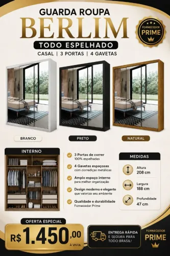 Guarda roupa Berlim com 3 espelhos pague na entrega