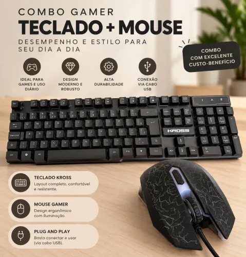 Teclado Kross Gaming e Mouse gamer com fio