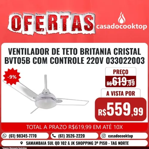 VENTILADOR DE TETO BRITANIA CRISTAL BVT05B COM CONTROLE 220V 033022003