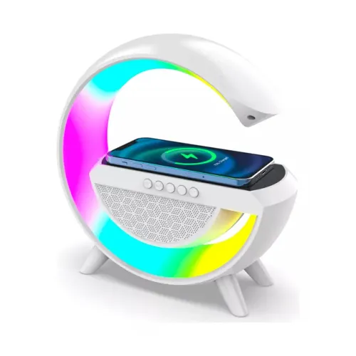 Luminária caixa de som bluetooth possui rádio e carregador sem fio para celular 