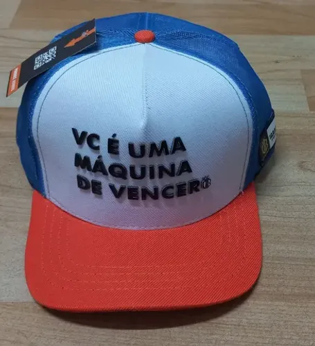 (Novo) Boné Sarja Branca Aba Laranja Tela Azul - Igarafest - Vc é uma Máquina de Vencer 
