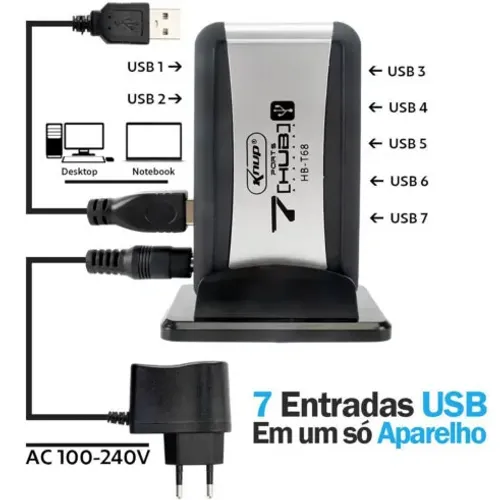 MINI HUB USB 2.0, 7 Portas, Hb-t68, Knup, C Fonte