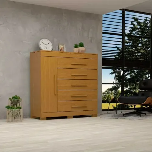 "Cômoda Elegante: 1 Porta, 5 Gavetas, Estrutura 100% MDF e Puxadores em Madeira"