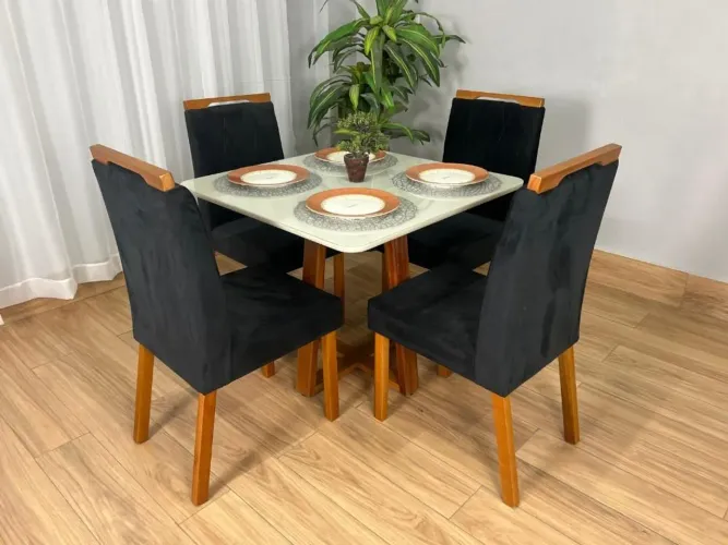 Mesa de Jantar Tampo Quadrado 90x90 com 4 Lugares Veludo Preto