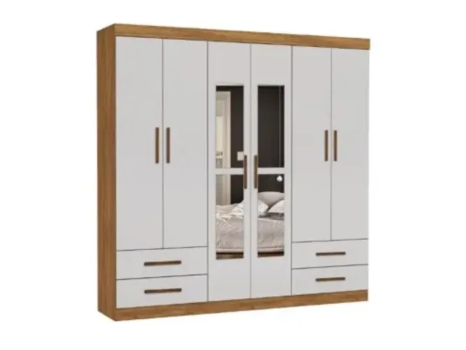 Roupeiro c/ espelho 6 portas e 4 gavetas - Cinamomo/Off White l76