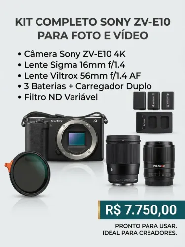 Kit Sony ZV-E10 + Lentes + Acessórios
