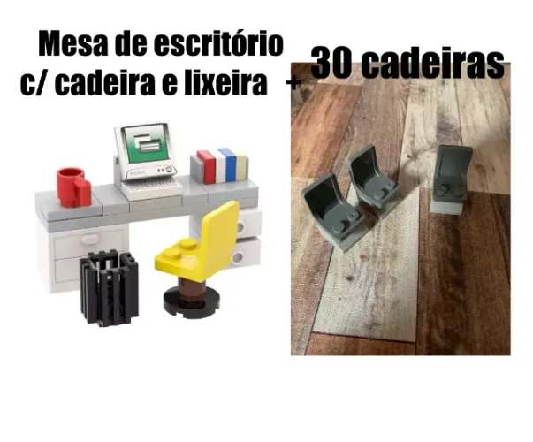 Miniaturas Mesa de Escritório e 30 cadeirinhas "Compatível com Lego"