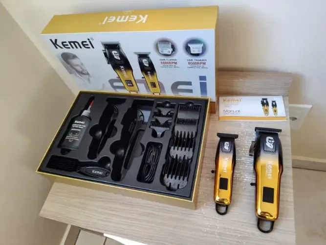Kit Máquina de Cortar Cabelo + Máquina de Acabamento Kemei Original