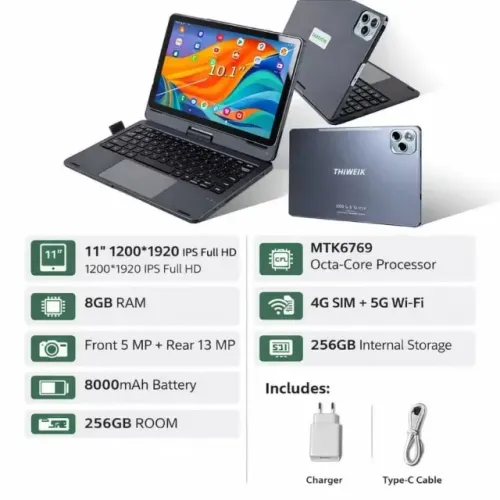Tablet Android 256gb Memória 8gb Ram 4G - Capa Giratória 360 11' Pol Full HD Mochila