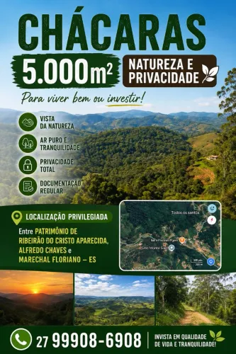 CHÁCARAS DE 5.000m² NAS MONTANHAS DO ESPÍRITO SANTO, RIBEIRÃO DO CRISTO, PEGO BENS GERAIS
