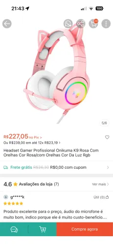 Headset Gamer Profissional Onikuma K9 Rosa Com Orelhas Rgb