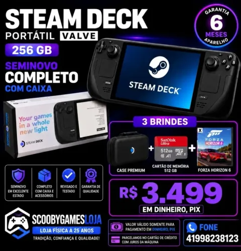STEAM DECK VALVE 256 GB SEMINOVO,3 BRINDES, GARANTIA, LOJA