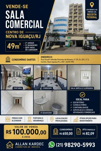 Vendo sala comercial, 49m², 2° andar. Bairro: Centro, Nova Iguaçu/RJ.