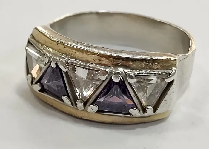anel masculino, ouro12k diamantes zircônias e ametista, com prata 925