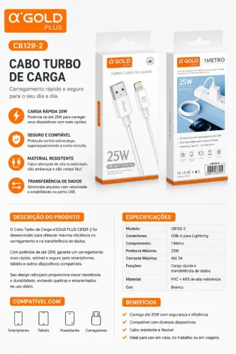 Cabo usb iPhone 25w turbo o,gold