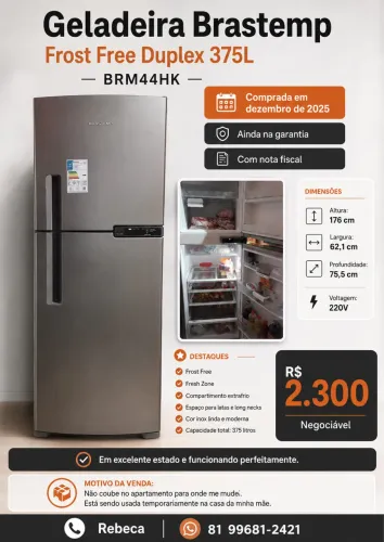 Vendo Geladeira Brastemp Frost Free Duplex 375L - BRM44HK