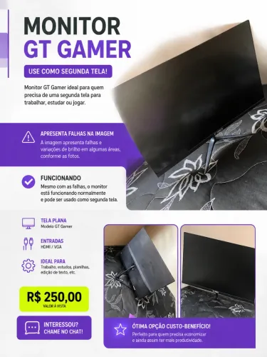 Monitor GT Gamer - Funciona, com falha na imagem | Ideal para técnico ou segunda tela