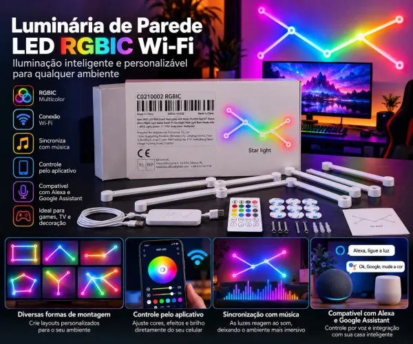 Luminária LED RGBIC Wi-Fi Inteligente - 9 Peças - Alexa