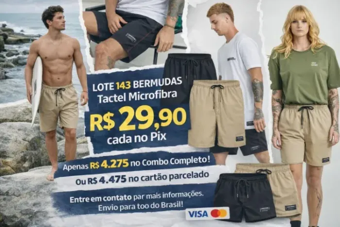 Lote 143 Bermudas Masculinas Tactel Premium | Ideal Revenda | R$29,90