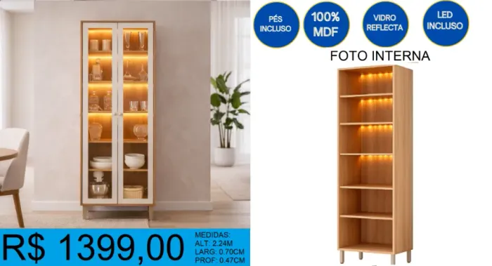 Cristaleira 100% MDF com Led - Entrega e montagem GRATIS