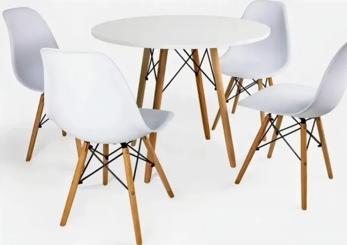 Mesa palito redonda branca 90cm com 4 cadeiras com 4 cadeiras.
