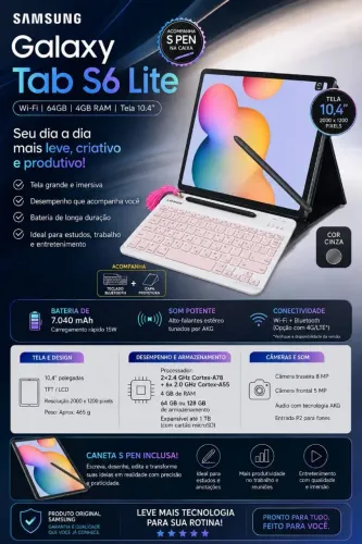 Tablet SAMSUNG Galaxy TabS6 Lite Wi-Fi 64GB 4GB RAM tela 10.4" Cinza