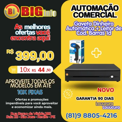 Gaveta Dinheiro Abertura Automática E Manual + Leitor Cod Barras 1D - Em ate 10x Fixas