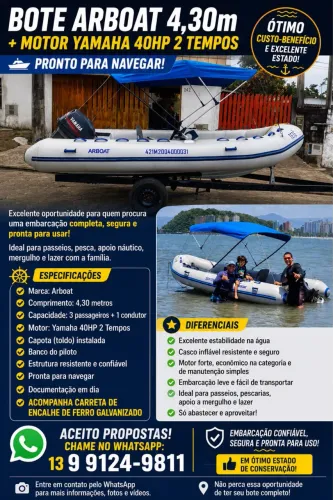 ? Bote Inflável Arboat 4,30m + Motor Yamaha 40HP 2 Tempos | Pronto para Navegar
