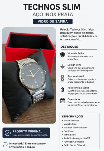 Relógio Technos Slim Masculino Aço Inox Prata | Vidro de Safira | Original