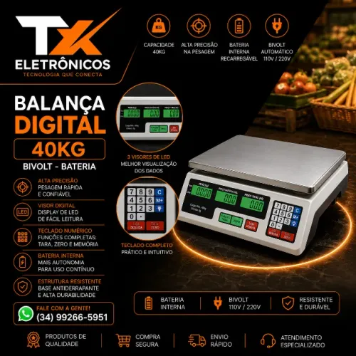 Balança Digital 40kg - Bivolt Bateria - Painel Digital de led - Nova