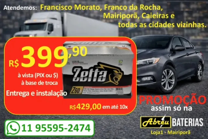 Bateria ZETTA 60Amp 399,90 Entrega grátis (região)