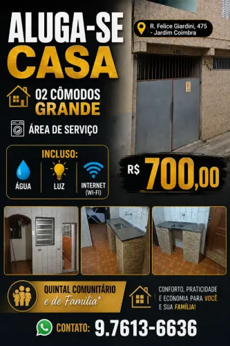 ALUGA-SE "02 Cômodos, 01 Banheiro, e Área de serviço" JARDIM COIMBRA - ZONA SUL/SP