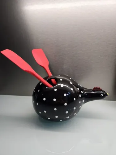 Galinha de Angola de cerâmica decorativa porta utensílios vai com 2 espátulas de silicone
